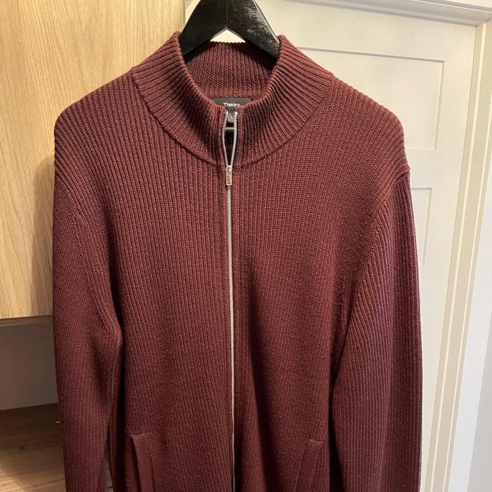 Theory Men's Size Large Maroon/burgundy Full Zip Up Cardigan Sweater - worn once